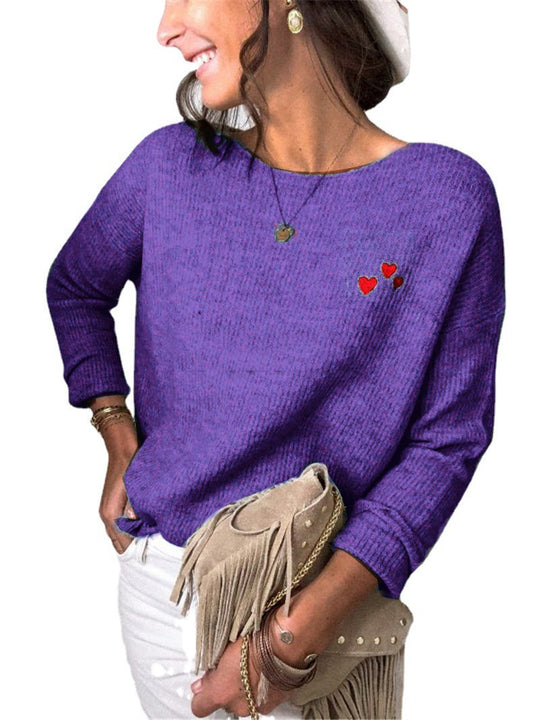 Damen Leichter Feinstrickpullover mit U-Boot-Ausschnitt, lockerem Sitz und Herzstickerei Shop Nory