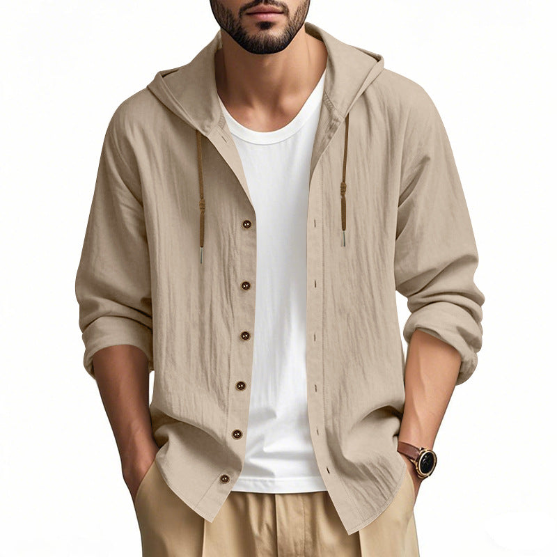 Herren nan leichtes Kapuzenhemdjacke aus Leinenoptik mit durchgehender Knopfleiste