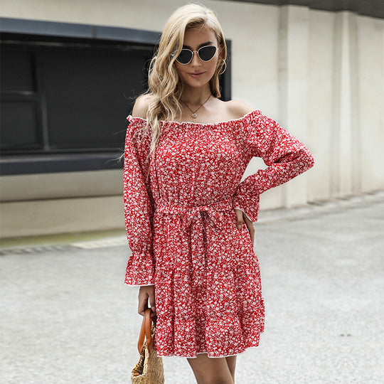 Damen Schulterfreies Blumen-Minikleid mit Taillenschnur und Stufenrock Shop Nory