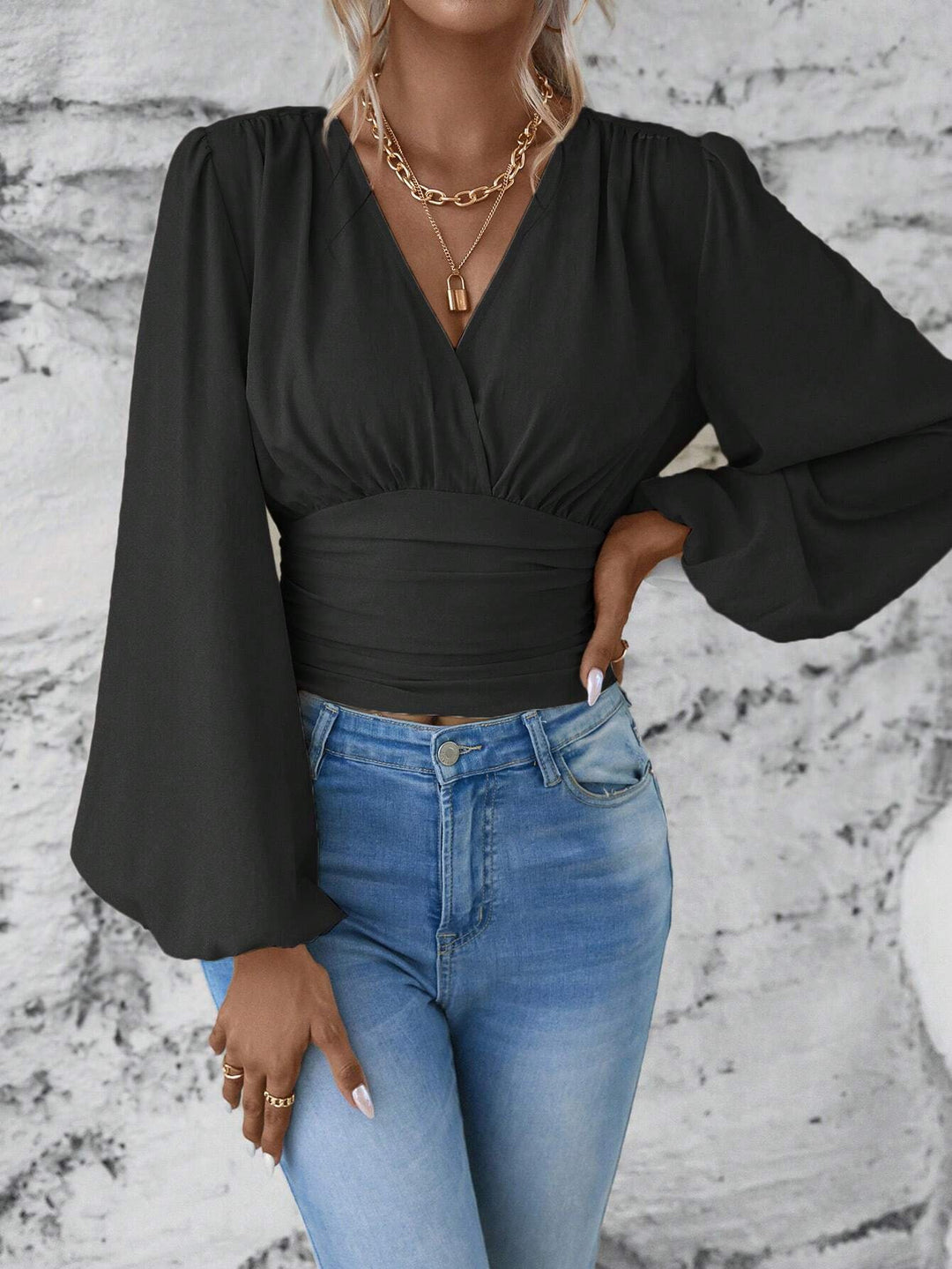 Damen Wickel-Cropped-Top mit geraffter Taillenpartie und weiten Ballonärmeln Shop Nory
