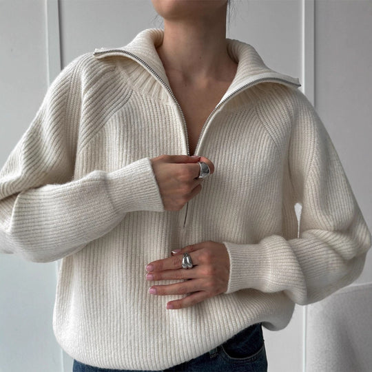 Damen Gerippter Wollmix-Pullover mit halbem Reißverschluss und weitem Stehkragen Shop Nory