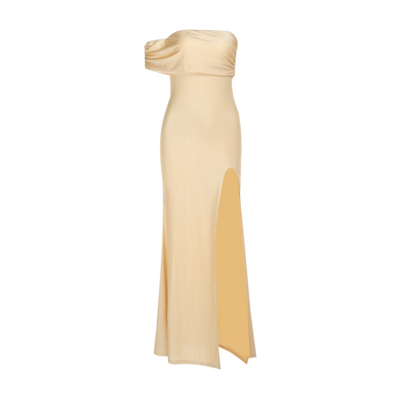 Damen schulterfreies Maxikleid mit eleganter Drapierung und hohem Schlitz Shopnory
