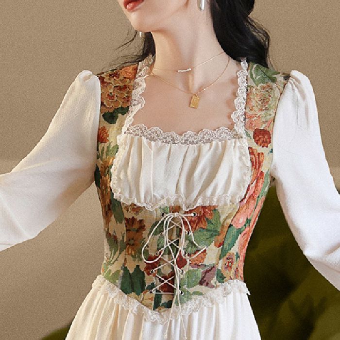 Damen Elegantes Festkleid mit floralem Oberteil und langen Ärmeln