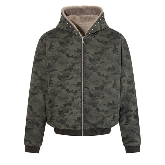 Damen gefütterte Camouflage-Bomberjacke mit Teddy-Innenfutter, Kapuze und Rippbündchen Shop Nory