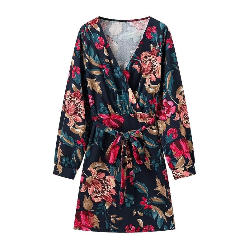 Damen Wickel‑Minikleid mit floralem Alloverprint, V‑Ausschnitt und Taillenband Shop Nory