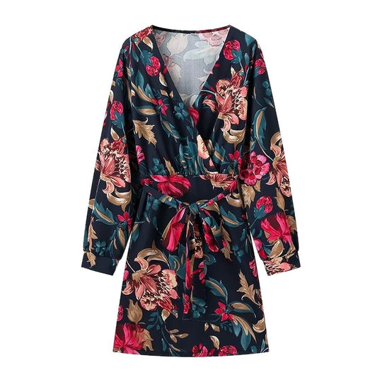 Damen Wickel‑Minikleid mit floralem Alloverprint, V‑Ausschnitt und Taillenband Shop Nory