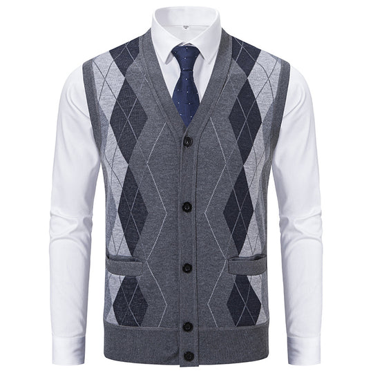 Herren Ärmellose Strickweste mit Rauten‑Muster, V‑Ausschnitt und Knopfleiste Shop Nory