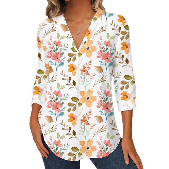 Damen Florale V-Ausschnitt Tunika-Bluse mit dreiviertel-Ärmeln und abgerundetem Saum Shop Nory
