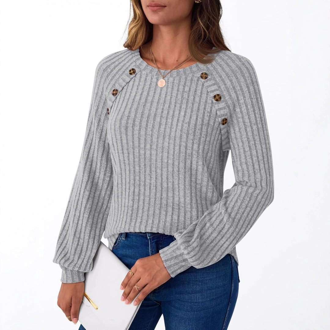 Damen Gerippter Strickpullover mit Zierknopfleiste an Raglanärmeln Shop Nory