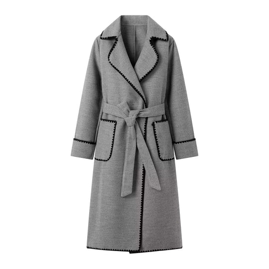 Damen Midilanger Wollmix-Mantel mit Bindegürtel und Zickzack‑Besatz Shop Nory