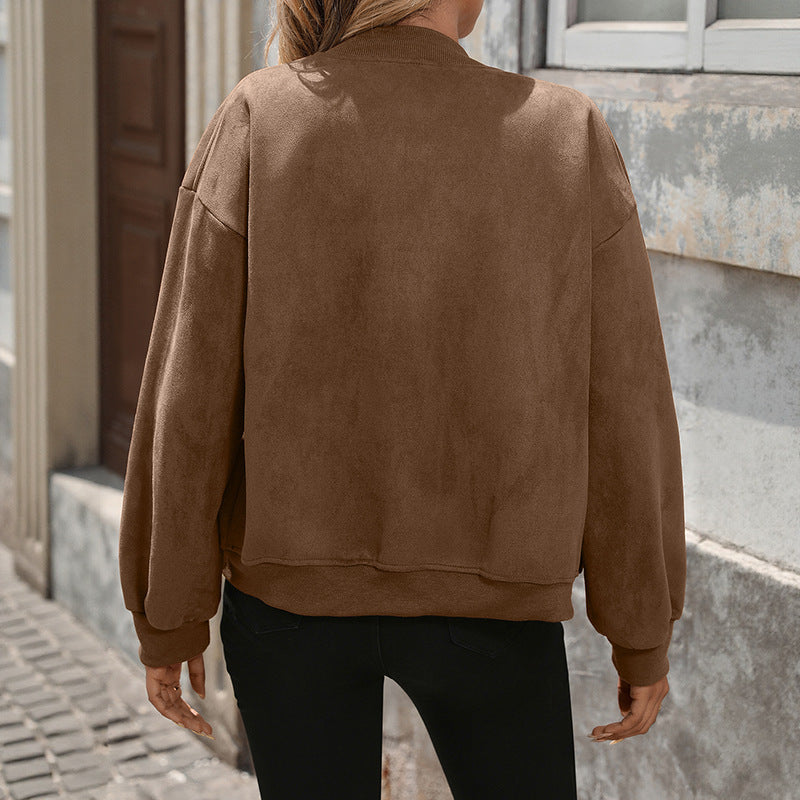 Damen Oversize Wildlederoptik-Bomberjacke mit Brustklappen und Reißverschluss Shop Nory