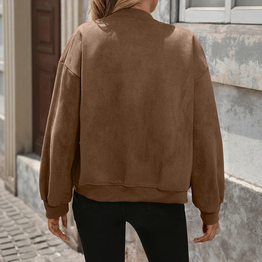 Damen Oversize Wildlederoptik-Bomberjacke mit Brustklappen und Reißverschluss Shop Nory