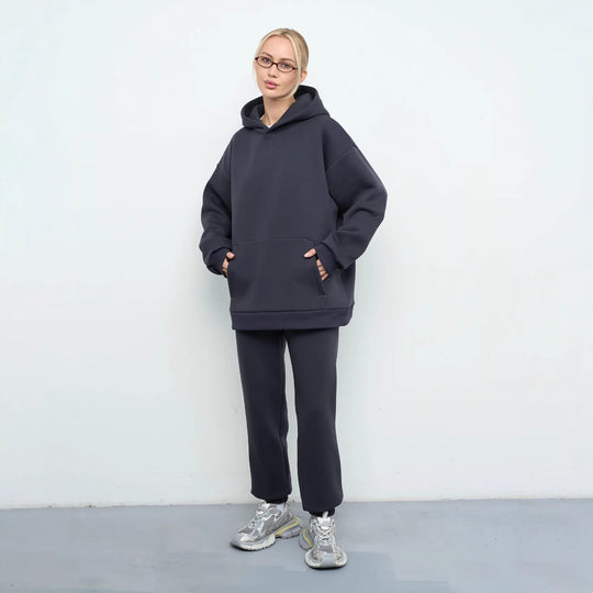 Damen lässiges Kapuzen-Sweatset aus schwerer Baumwollfleece mit Kängurutasche und gerader Jogginghose Shop Nory