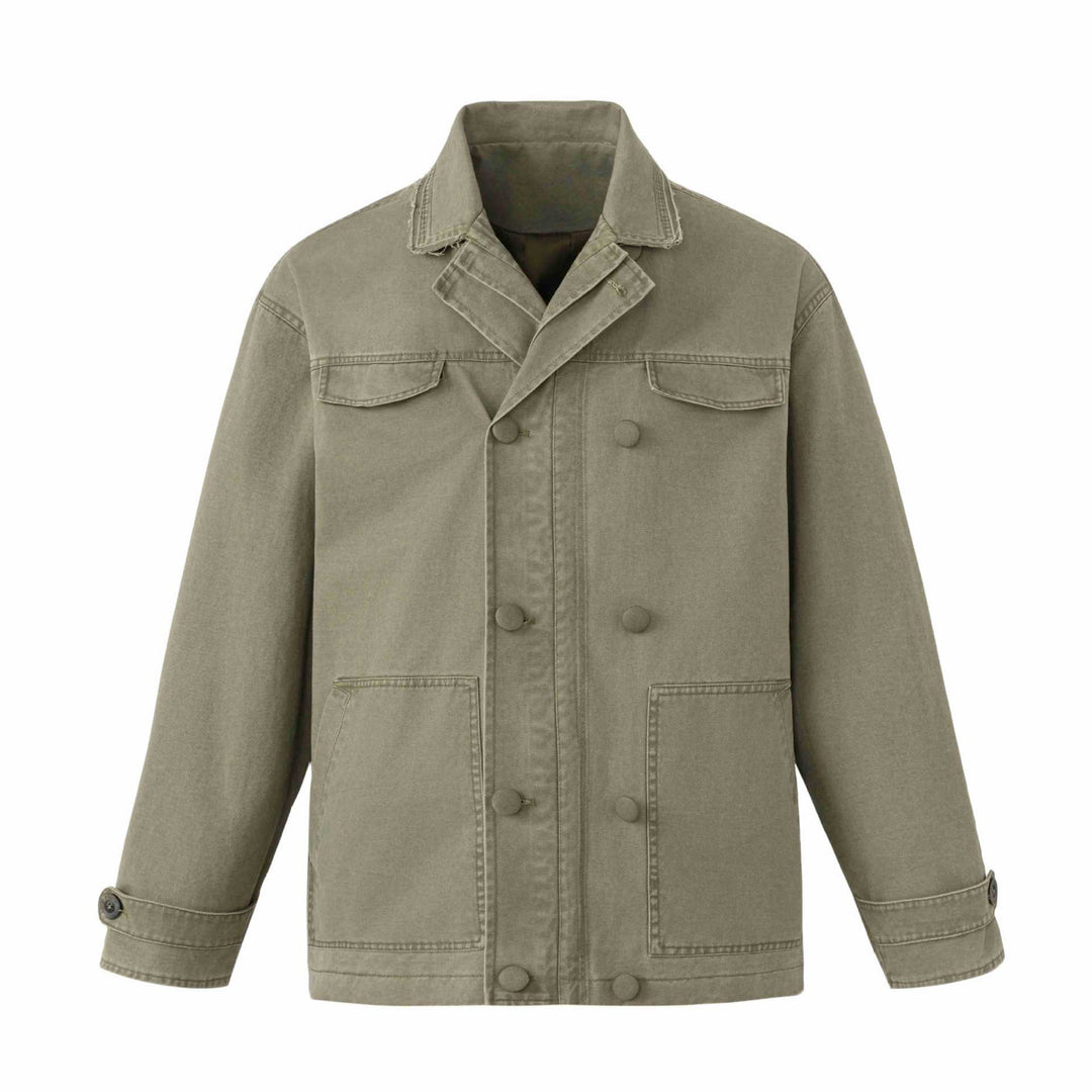 Unisex Robuste Canvas-Workwear‑Blouson mit doppelter Knopfreihe, aufgesetzten Fronttaschen und verstärkten Ärmeln Shop Nory