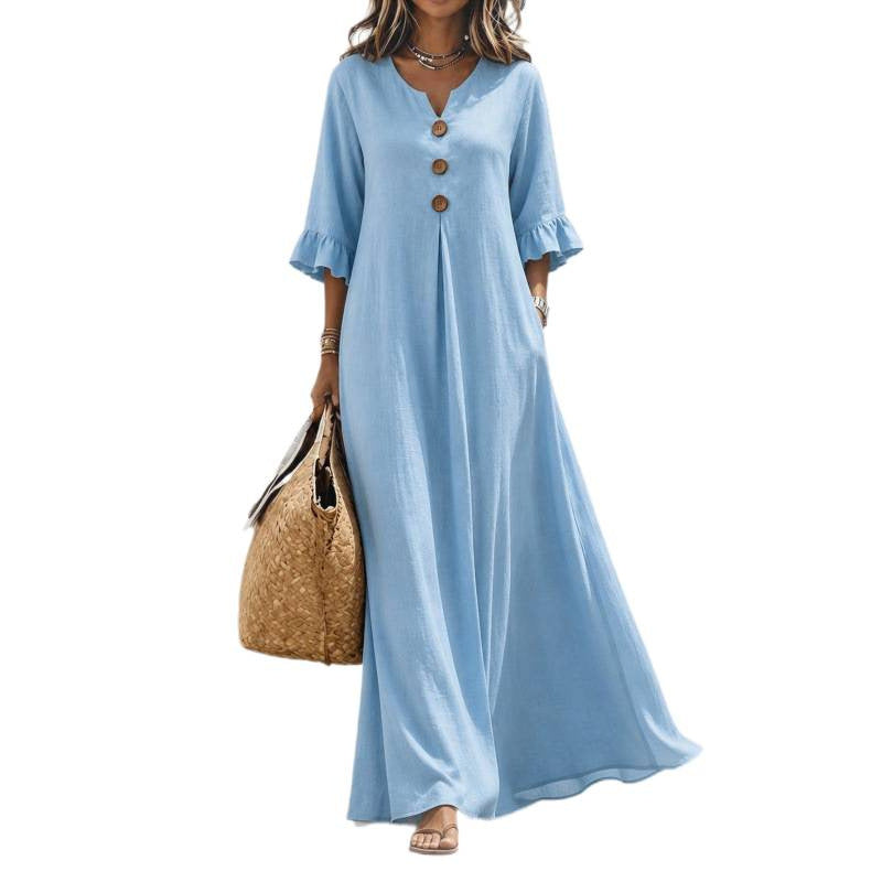 Damen Leichtes Maxikleid aus Leinenoptik mit V-Ausschnitt Zierknopfleiste und Volantärmeln Shop Nory