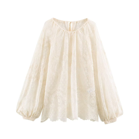 Damen Transparente Spitzenbluse im Peasant‑Stil mit Ballonärmeln Shop Nory