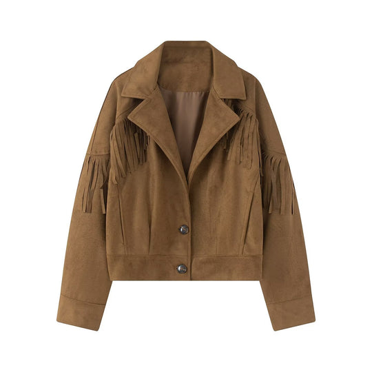 Damen Kurzjacke im Wildleder‑Look mit Fransenbesatz und Hemdkragen Shop Nory