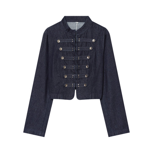 Damen Cropped Denim‑Militärjacke mit Stehkragen und dekorischer Zierknopfleiste Shop Nory