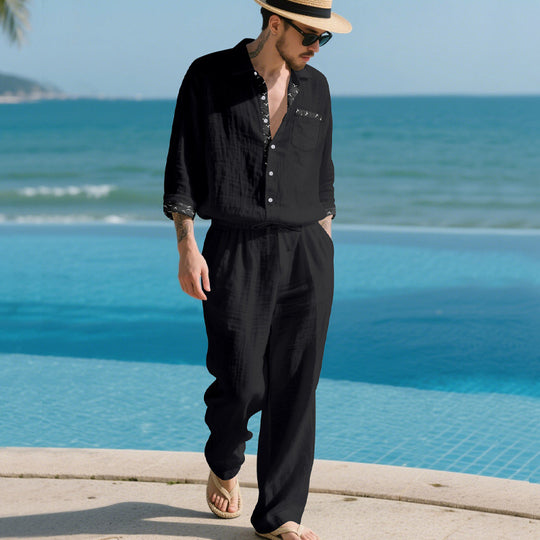 Herren Leinenoptik-Loungewear-Set mit Kordelzughose und offenem Hemdjacke Shop Nory