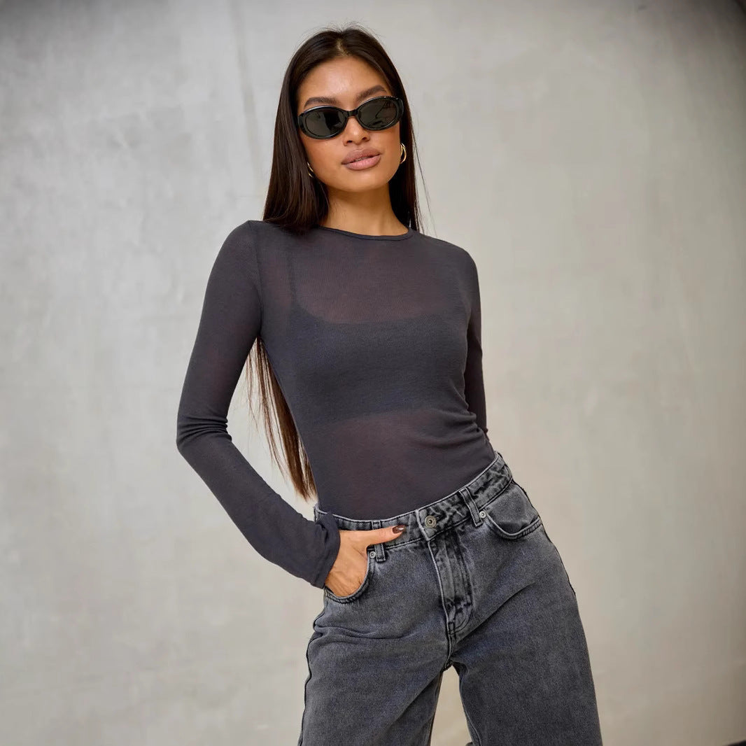 Damen Langarmshirt mit eleganten V-Ausschnitt und feinem Netzstoff