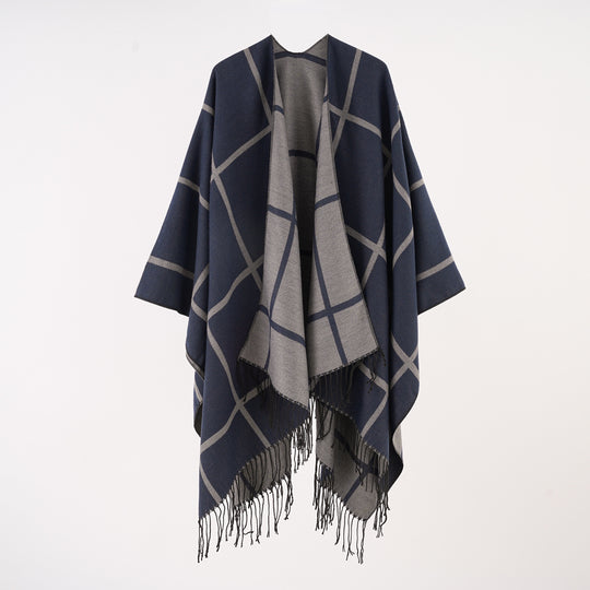 Damen Reversloser Wollmix-Umhang mit großem Karomuster und Fransensaum Shop Nory