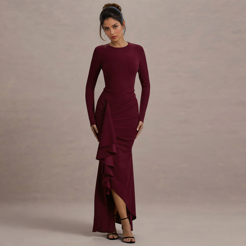 Damen Elegantes Abend-Maxikleid mit langen Ärmeln, figurbetonter Silhouette und seitlichem Volant Shop Nory