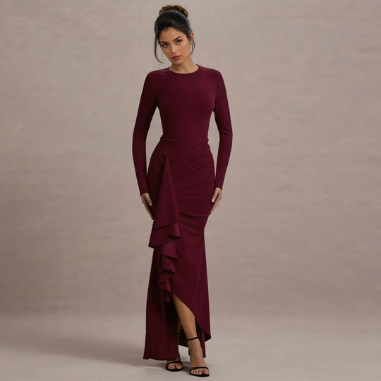 Damen Elegantes Abend-Maxikleid mit langen Ärmeln, figurbetonter Silhouette und seitlichem Volant Shop Nory