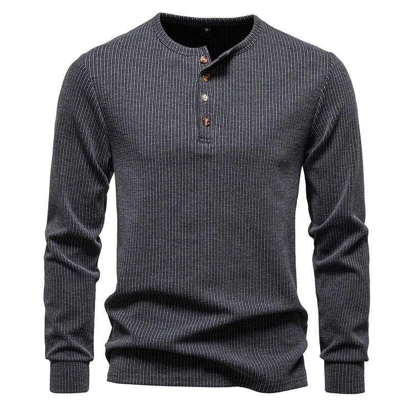Herren Slim-Fit Gerippter Henley-Langarmpullover mit Rundhalsausschnitt und Knopfleiste Shop Nory