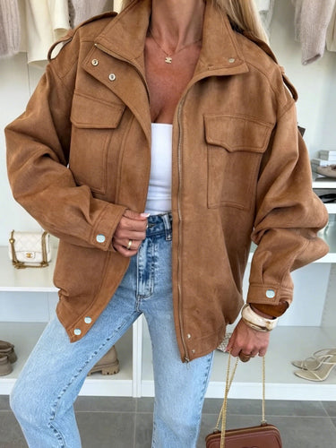 Damen Oversized Jacke in Wildleder-Optik mit Brusttaschen und Epauletten Shop Nory