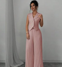 Damen Ärmelloses Weste-Blazer-Top mit Revers und plissierter Palazzo-Hose Zweiteiliges Abendset Shop Nory