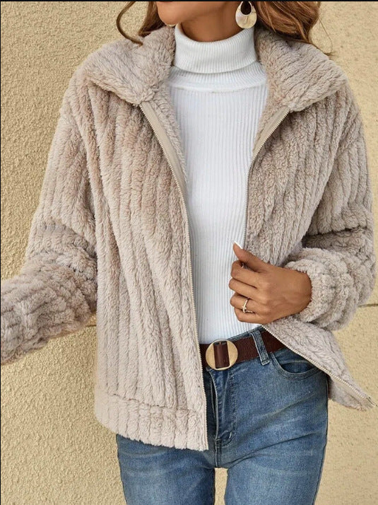 Damen nan kuschelige Teddyjacke mit durchgehendem Reißverschluss, Stehkragen und Eingrifftaschen Shop Nory