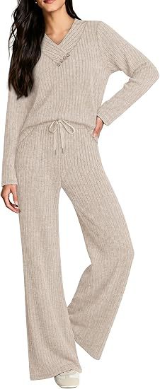 Damen Weiches Rippstrick-Lounge-Set mit V-Ausschnitt und Kordelbund Shop Nory