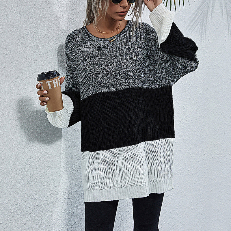 Damen Longline-Grobstrickpullover mit Farbbalken, Rundhalsausschnitt und leicht überschnittener Schulter Shop Nory