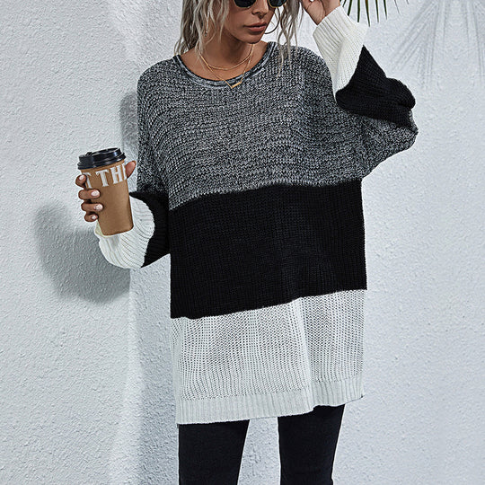 Damen Longline-Grobstrickpullover mit Farbbalken, Rundhalsausschnitt und leicht überschnittener Schulter Shop Nory