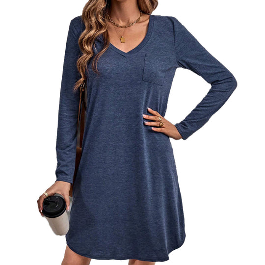 Damen lässiges Jersey-Kleid mit V-Ausschnitt Brusttasche und legerer A-Linie Shop Nory