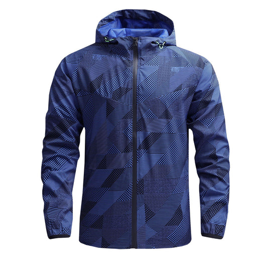 Herren Ultraleichte atmungsaktive Windjacke mit Kapuze und reflektierendem Geometrie-Print Shop Nory