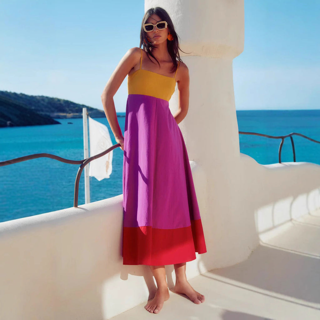 Damen Maxikleid mit farbenfrohem Blockdesign und verstellbaren Spaghettiträgern