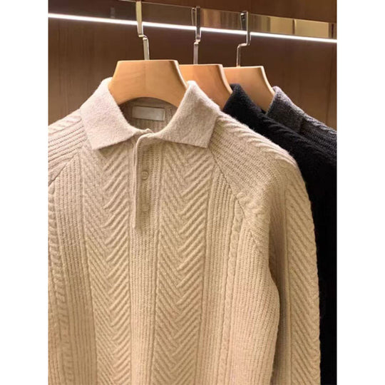 Herren Feinstrick-Polopullover mit halber Knopfleiste und Zopfmuster Shop Nory