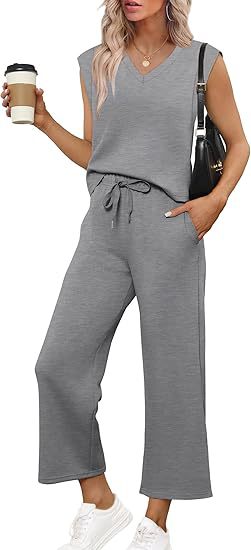 Damen Lässiges Zweiteiliges Lounge-Set mit Ärmellosem V-Neck-Top und Weiten Kordelbund-Hosen Shop Nory