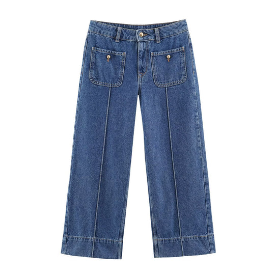 Damen High-Waist Wide‑Leg Jeans mit aufgesetzten Fronttaschen und Mittelnaht-Detail Shop Nory