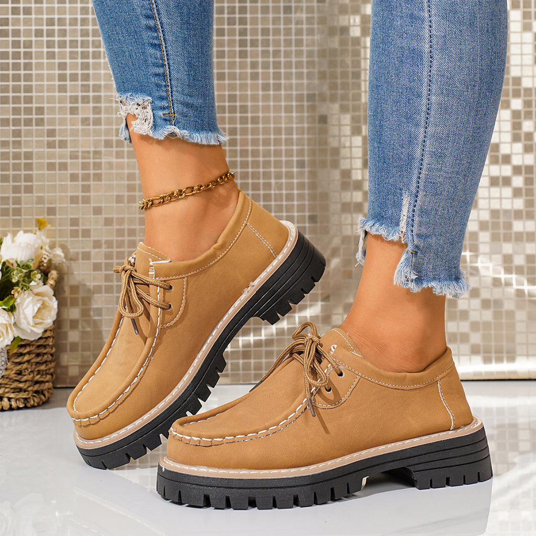 Damen elegante Derby-Schnürer aus Lederimitat mit Mokassinnaht und grober Profilsohle Shop Nory