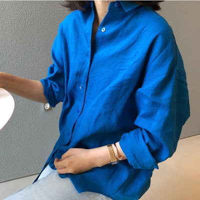 Damen Casual-Leinenbluse mit strukturierter WShop Noryung, überschnittener Schulter und krempelbaren Ärmeln Shop Nory