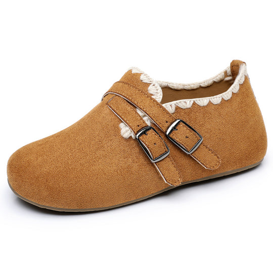 Damen nan Veloursledrige Hausschuh-Mokassin mit dekorativem Häkelrand und verstellbaren Doppelschnallen Shop Nory