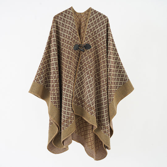 Damen Wollponcho mit geometrischem Karomuster und Knebelverschluss Shop Nory