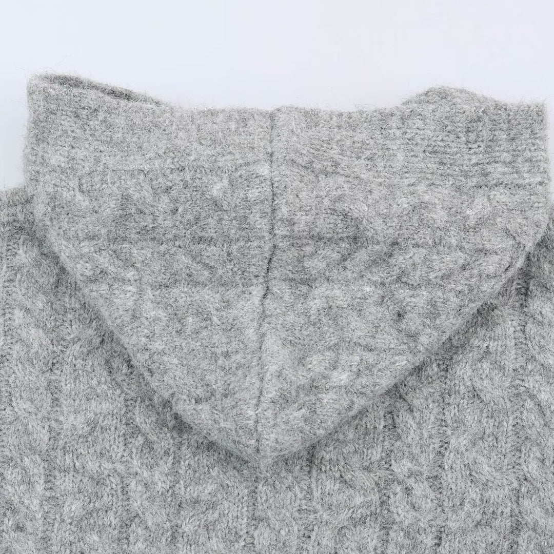 Damen Langgestrickter Kapuzen-Cardigan mit Zopfmuster und Knopfleiste Shop Nory