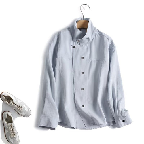Damen Leichte Oversize-Blusenjacke mit Stehkragen und verdeckter Druckknopfleiste Shop Nory