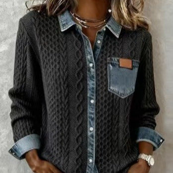 Damen nan geflochtener Strickpullover mit integriertem Jeanskragen und Brusttasche Shop Nory