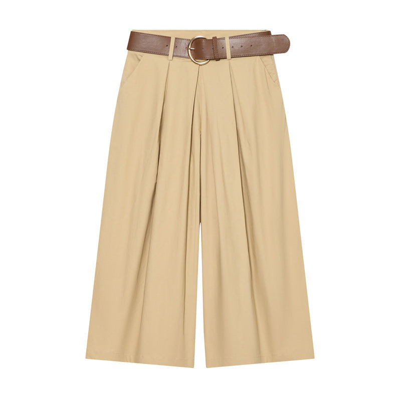 Damen Hochtaillierte Culotte-Hose mit weitem Bein, Kellerfalten und Rundbuckel-Gürtel Shop Nory