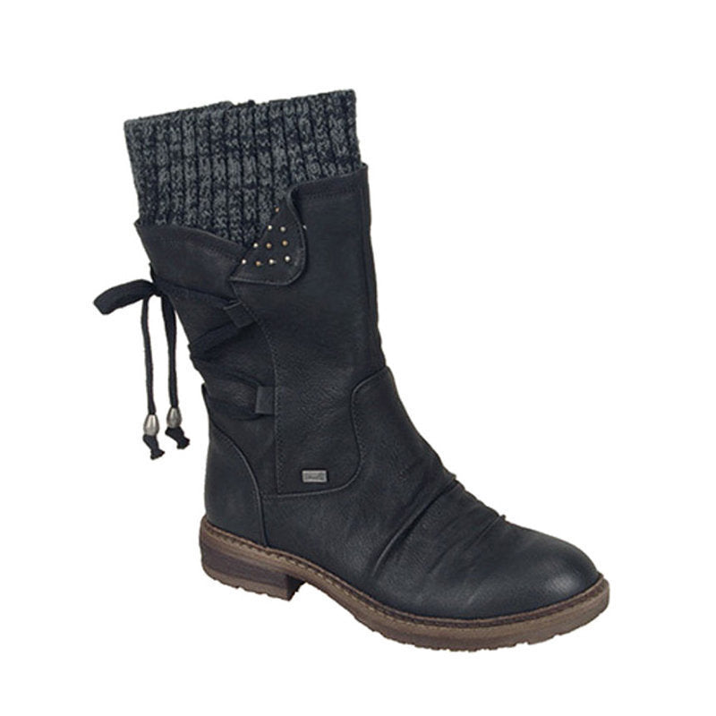 Damen Winterliche Kurzschaft-Stiefelette mit Strickmanschette, Zierkordel und Veloursoptik Shop Nory