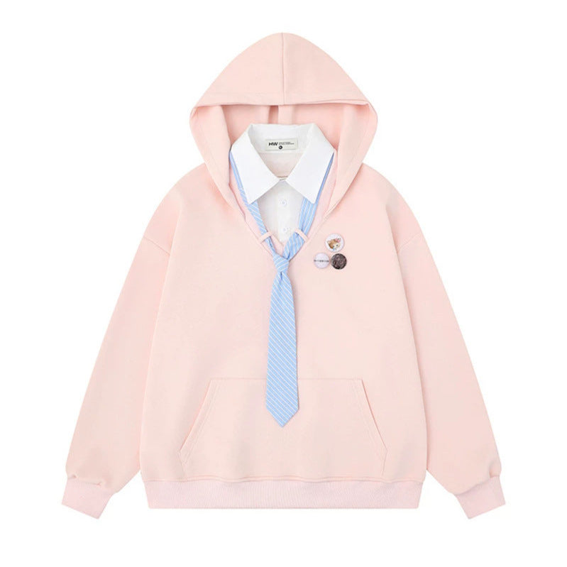 Damen Kapuzenpullover mit eingesetztem Hemdkragen und vorgebundener Krawatten-Applikation Shop Nory